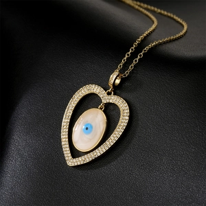 18K gold plated copper necklace with heart-shaped diamond frame and evil eye pendant