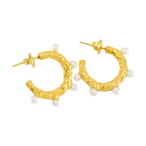 Boucles d'oreilles vintage françaises dorées 18K en forme de C avec perles