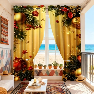 Christmas gold curtains with pine branches and ornaments for window rod hanging