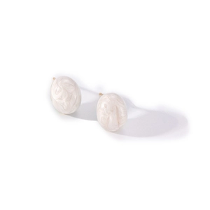 Elegant oval titanium steel stud earrings with cream marble texture on white background