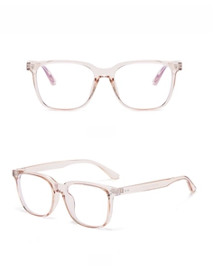 Detailed views of champagne square frame glasses featuring anti-blue light technology