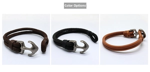 Detail view of anchor clasp leather bracelets in dark brown, black, and tan finishes
