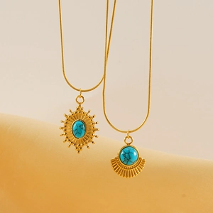Élégant collier pendentif turquoise vintage en acier inoxydable doré bijou femme