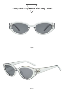 Detail view of transparent grey cat eye sunglasses with grey lenses and silver metal hinges