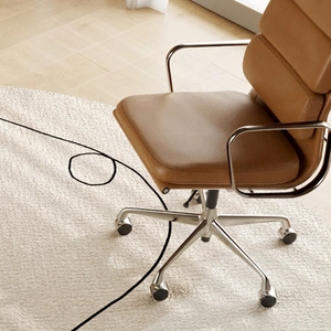 Modern office chair on round cream rug in bright home office with sunlight