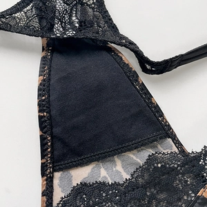 Sexy leopard print satin thong with black lace trim and breathable cotton lining