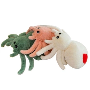 Three plush spider toys in green, pink, and white with a red heart on a white background