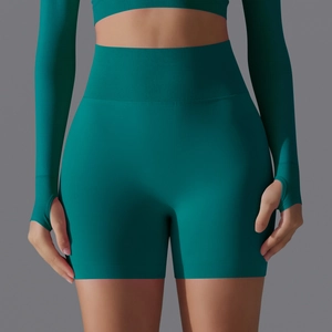 Detailed view of seamless teal high waist yoga shorts and long sleeve top with thumbholes