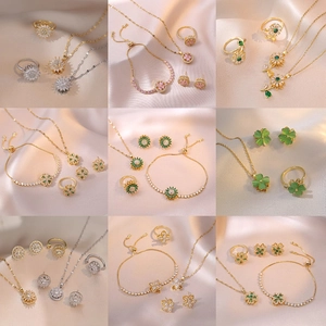 Titanium Steel Rotating Sunflower Emerald Pendant Necklace Earrings Ring Bracelet For Women Rhinestone Inlaid Jewelry Accessories