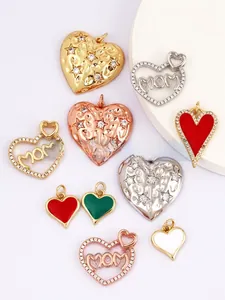 Detailed view of mixed heart pendants with MOM lettering and colorful enamel plating