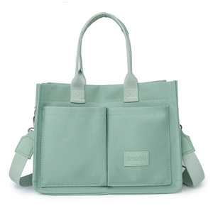 Japanese Style Minimalist Canvas Tote Bag Women Large Capacity Shoulder Crossbody Handbag Front Pockets Commuting School