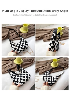 Multi-angle view of checkerboard crescent bag with leather strap and gold metal chain