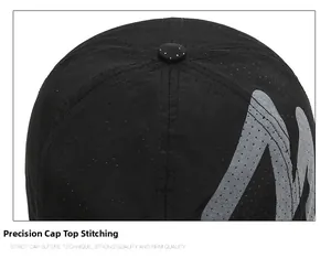 Macro shot of breathable mesh baseball cap crown with M logo and precision stitching