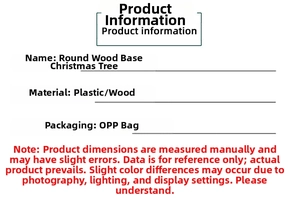 Specifications of mini snowy Christmas tree with round wooden base and plastic pine needles