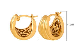 Detailed view of 1.7cm gold U-shape earrings featuring hollow heart and scroll patterns