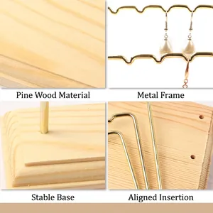 Pine wood and gold metal jewelry display stand with wave hooks for earrings