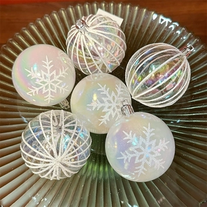 Iridescent white Christmas balls with glitter snowflakes and stripes in a set of 6