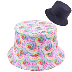 Sombrero de pescador reversible con estampado tie-dye y negro, costuras reforzadas