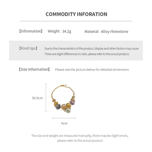 Size information for flower charm necklace made of alloy and rhinestones, weight 34.2g
