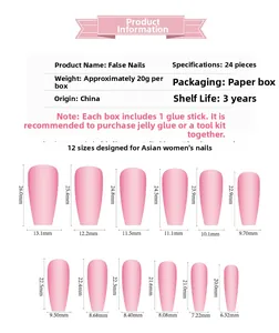 Size chart for 24pcs pink French glitter press-on nails with 12 precise measurements