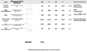 Detailed size chart and measurement guide for women's functional hooded jacket