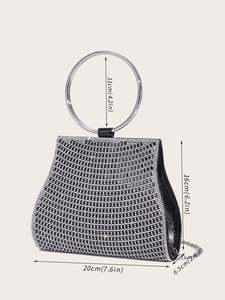 Detailed view of black crystal evening bag with silver round handle and size measurements