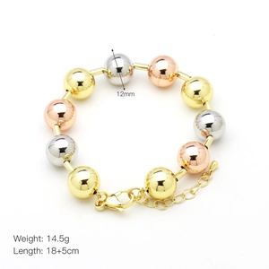 Detail showing 12mm tricolor metallic beads with lobster clasp and adjustable chain