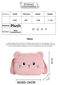 Detailed size chart showing dimensions for the cute plush cat shoulder bag in CM
