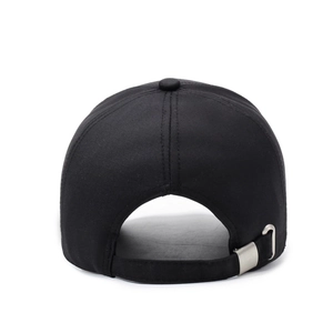 Rear view of a minimalist black baseball cap featuring an adjustable silver metal buckle