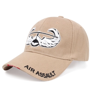 Detail of khaki tactical baseball cap with eagle wings embroidery and Air Assault text