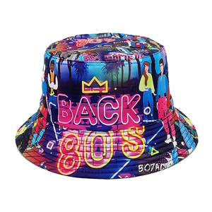 Retro Eighties Graffiti Print Bucket Hat Reversible Polyester Sun Protection Outdoor Streetwear Accessory For Men Women