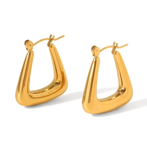 Detailed macro view of 18K gold plated hollow geometric trapezoid stainless steel earrings