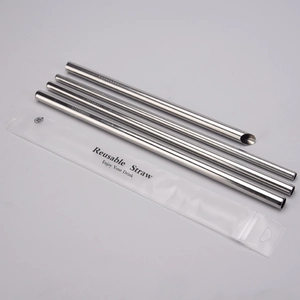 Reusable 304 stainless steel straw set with brush and BPA-free storage bag in silver