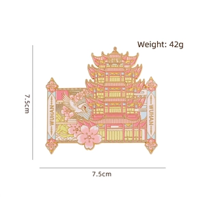 Pink Yellow Crane Tower metal fridge magnet with cherry blossoms and crane patterns, 7.5cm