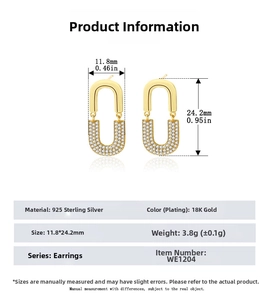 Detailed size specifications for 925 sterling silver U-shaped earrings with pavé crystals