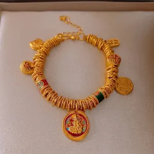 Chinese Style Gold Plated Copper Bracelet With Enamel Charms God Of Wealth Fu Character Adjustable Hand Jewelry For Women