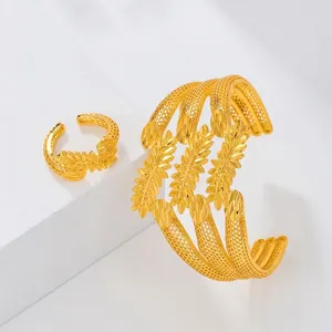 Hollow Carved Gold Plated Copper Open Bracelet And Ring Middle East Dubai Style Ethnic Retro Jewelry For Women