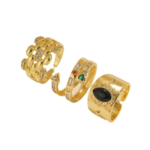 Three-piece gold plated ring set with zircon accents and vintage court style engraving