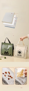 Three-layer insulated lunch bag detail showing PU leather, pearl cotton, and aluminum foil