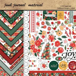 Kit de papel decorativo vintage de Navidad 6x6 pulgadas con diseños florales y pegatinas de arte