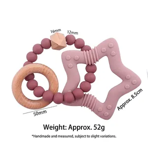 Star-shaped silicone baby teether ring with natural wooden beads and sage green silicone pearls