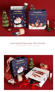 Detail of festive Christmas gift bags with snowman and reindeer patterns and cotton handles