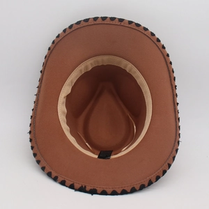 Detail view of the brown felt fedora interior with cotton blend lining and sweatband