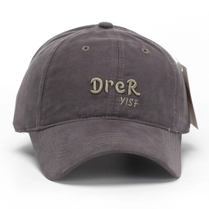 Washed dark grey cotton baseball cap with vintage 3D embroidery for men and women