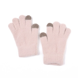 Detailed macro view of pink fuzzy knit gloves with brown conductive touchscreen fingertips