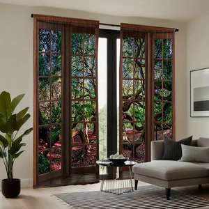 Detail of 3D forest sunset print on polyester curtains with vintage wood window frame style