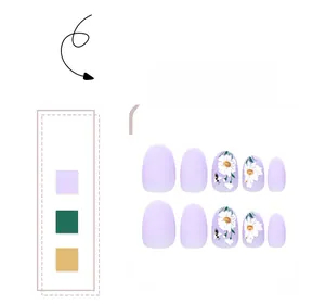 Detail of short matte purple press-on nails with daisy and honeybee patterns