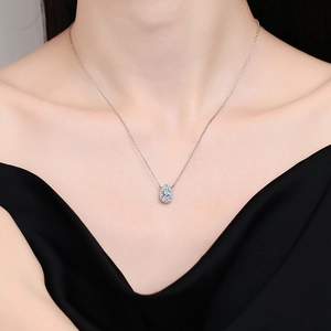 Elegant s925 silver pear-shaped moissanite pendant necklace on model's neckline