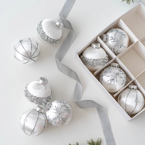 Elegant 8cm white and silver Christmas ornament set with glitter patterns in a gift box