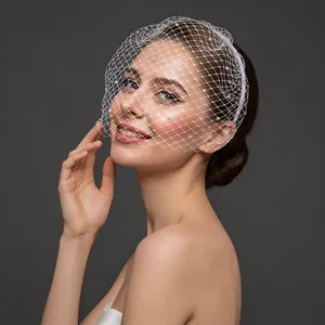 Elegant bridal birdcage veil headband with sparkling rhinestones in white mesh style